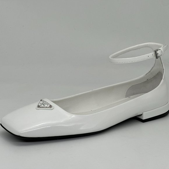 PRADA Logo Patent Leather Square Toe Ankle Strap Flat Ballerina Flat Sho… - Picture 13 of 16